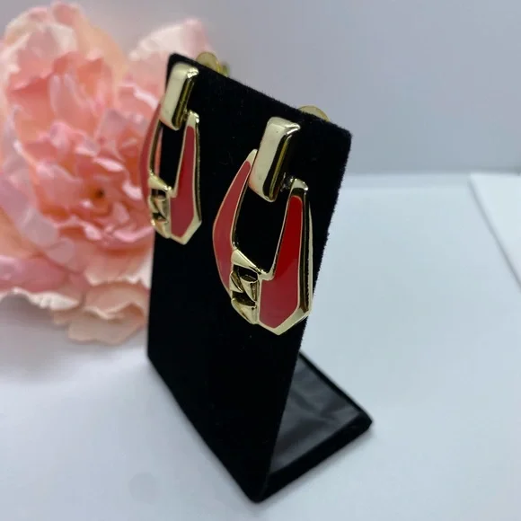 Vintage Red Enamel & Gold Tone Estate Earrings - Picture 2 of 5